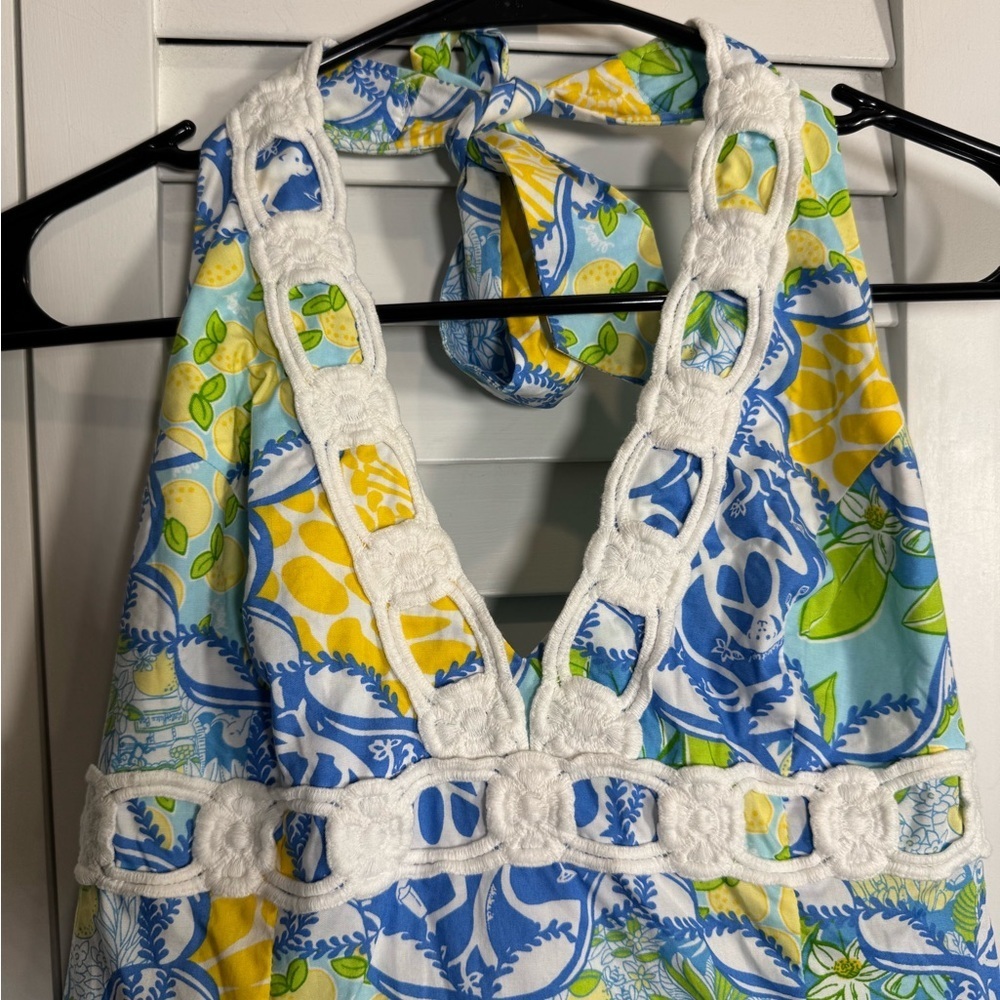 Lilly Pulitzer Blue and Yellow Patterned Halter Dress Size 4 - Picture 2 of 8